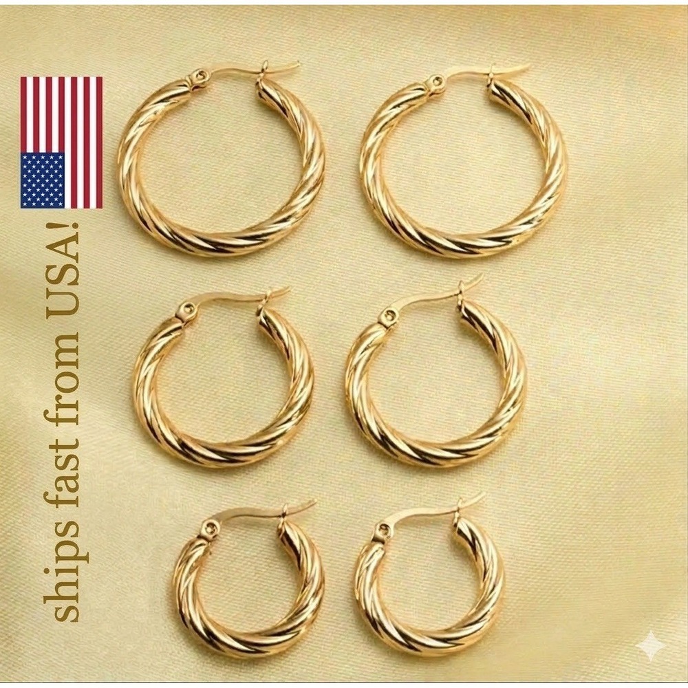 3 PAIRS Woman 18K Gold Plated Stainless Steel Twist Hoop Earrings Multiple Sizes